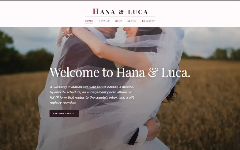 The home page of the Wedding Invitation Site template