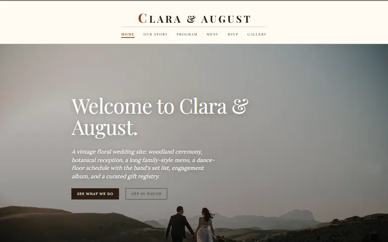 The home page of the Vintage Floral Wedding template