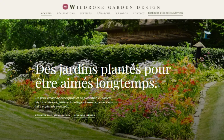 La page d’accueil du modèle Wildrose Garden Design