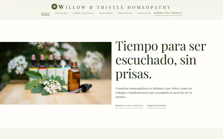 La página de inicio de la plantilla Willow & Thistle Homeopathy
