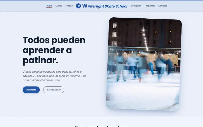 La página de inicio de la plantilla Winterlight Skate School