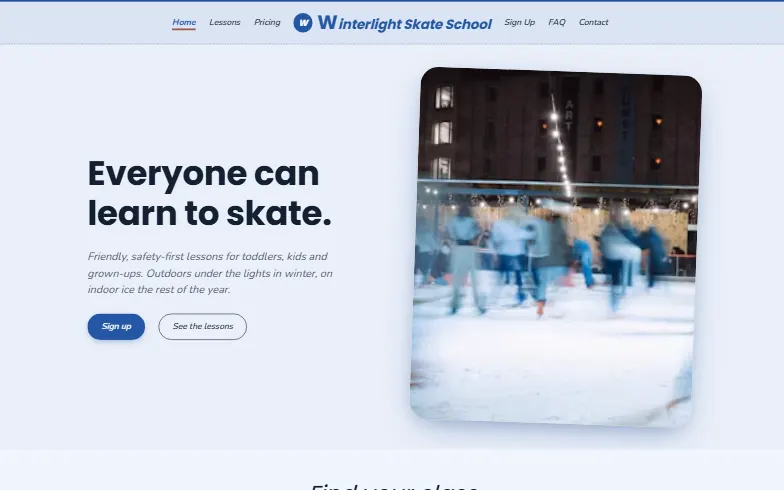 The home page of the Winterlight Skate School template