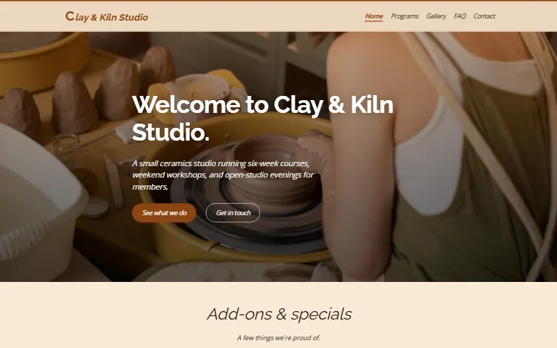 The home page of the Workshop Studio template