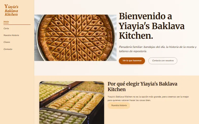 La página de inicio de la plantilla Cocina Familiar de Baklava