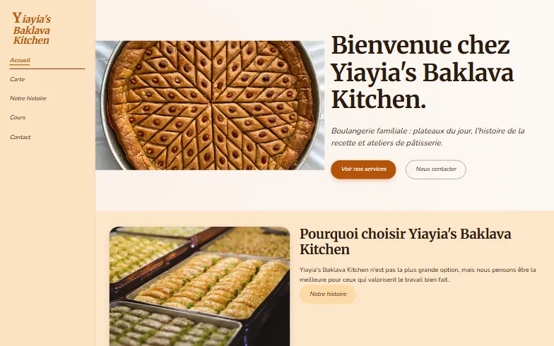 La page d’accueil du modèle Cuisine Familiale de Baklava