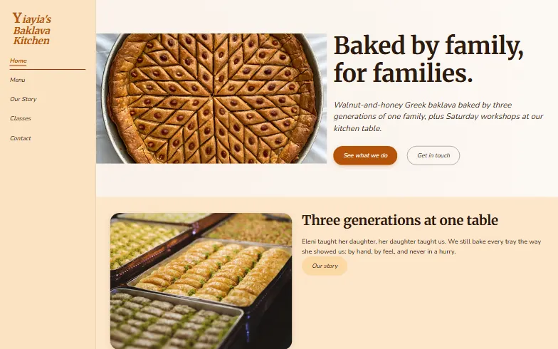 The home page of the Family Baklava Kitchen template